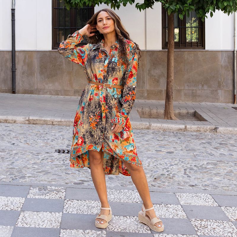 'Luna' Buttoned Colourful Floral Shirt Dress