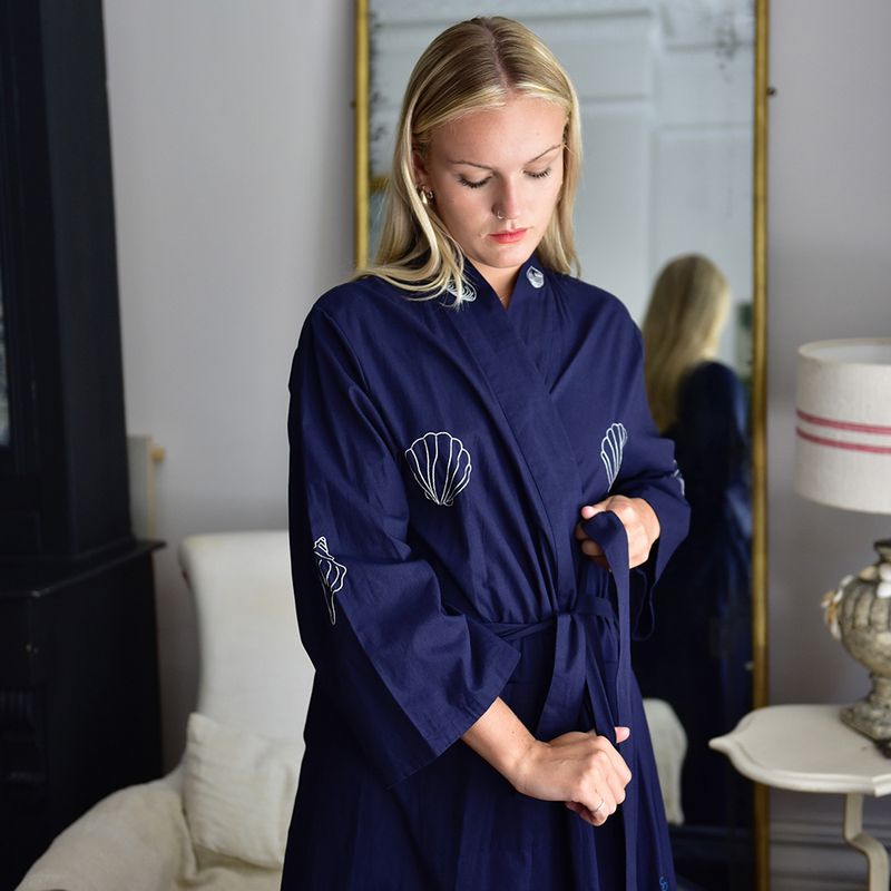 Navy Blue Embroidered Sea Shell Cotton Dressing Gown