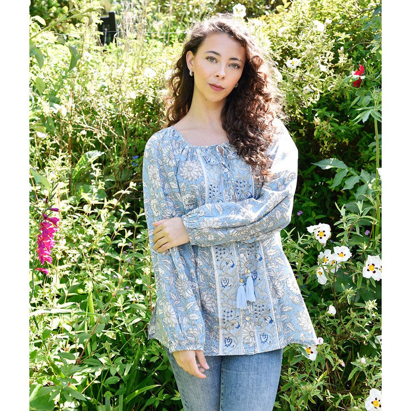 Block Printed Blue Cornflower Cotton Blouse 'Emery'