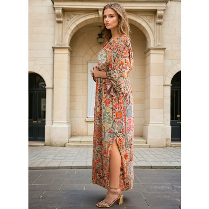 'Teagan' Pink, Orange & Cream Floral Tile Print Batwing Dress