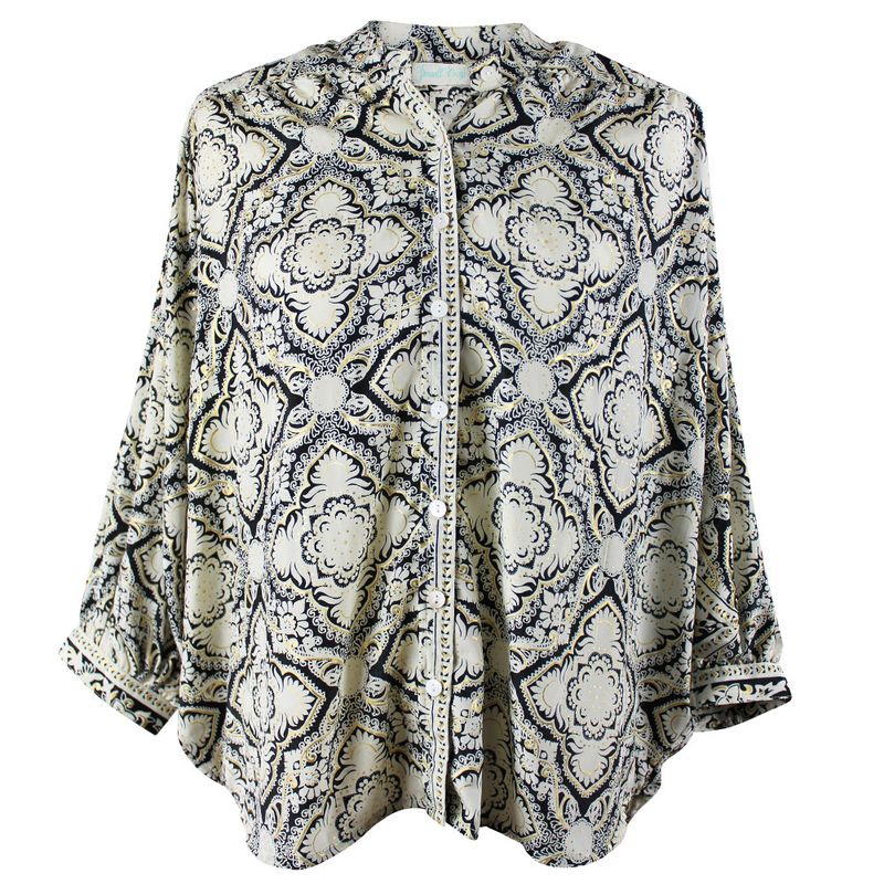 Black, White & Gold Arabesque Print Button Down Shirt
