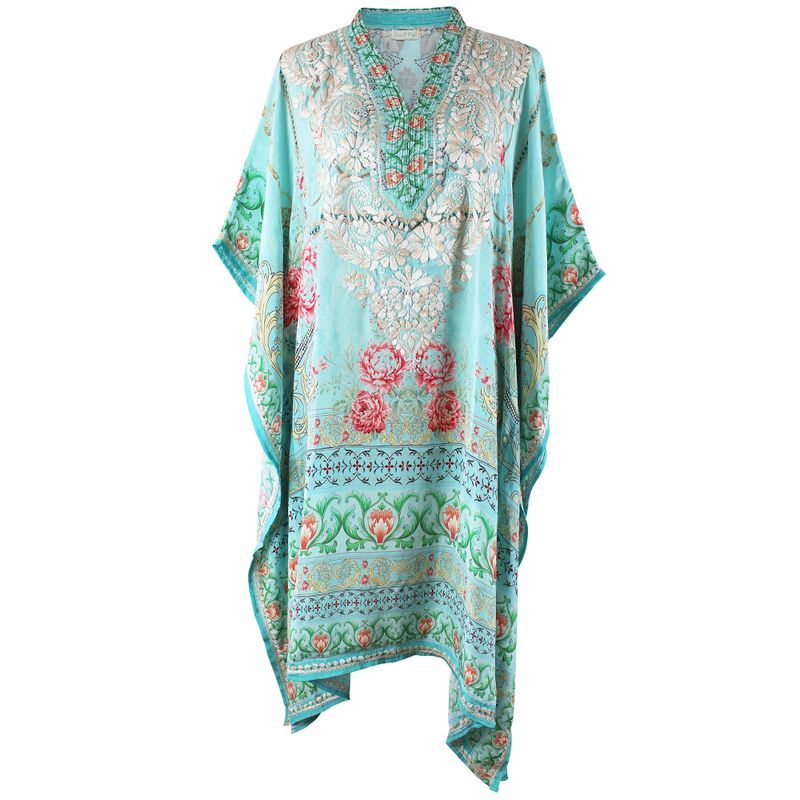 Floral Rose Border Viscose Kaftan In Turquoise with Heavy Cream Fishbone Embroidery
