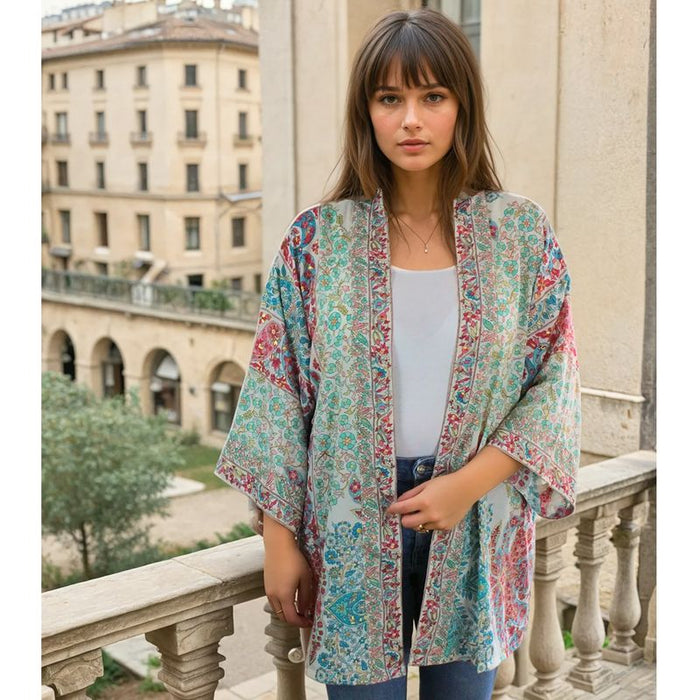 Pink, Blue & Cream Floral Paisley Print Viscose Summer Jacket