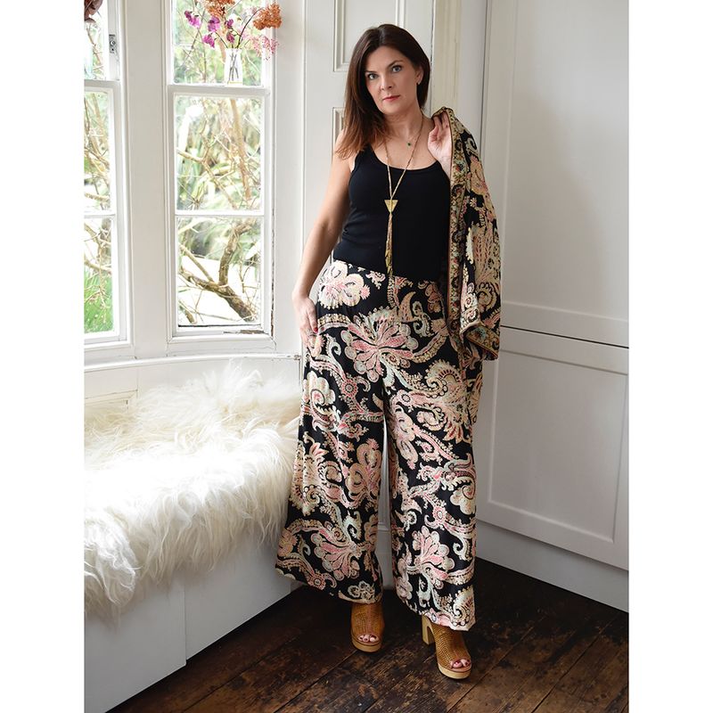 'Eira' Black, Rose & Gold Floral Baroque Viscose Palazzo Trousers