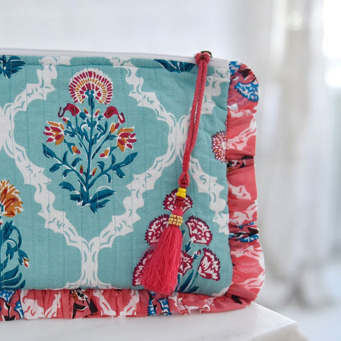 Block Printed Turquoise & Pink Floral Quilted Make Up Bag