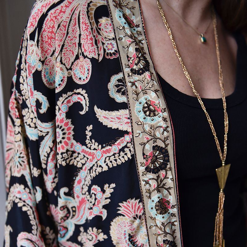 Black, Rose & Gold Floral Baroque Viscose Long Summer Jacket