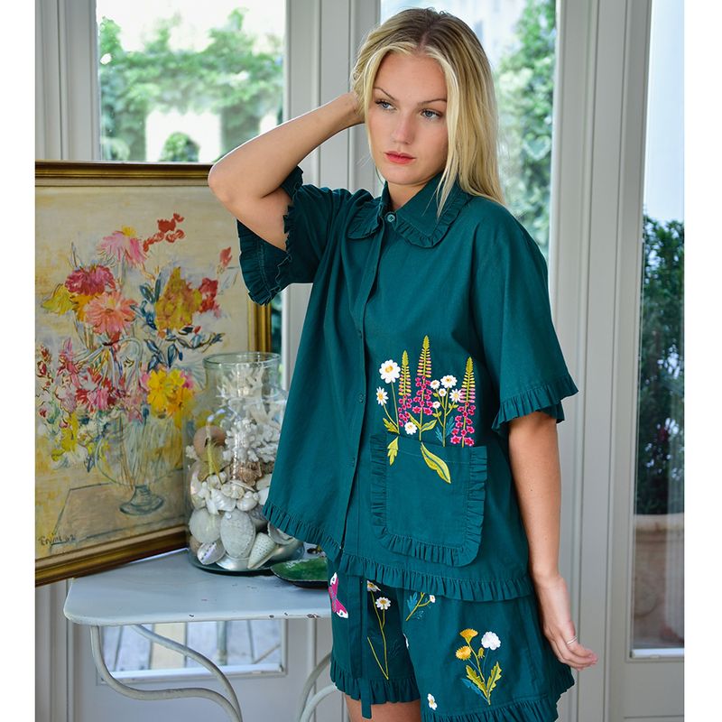 Forest Green Embroidered Floral Cotton Short Pyjama Set