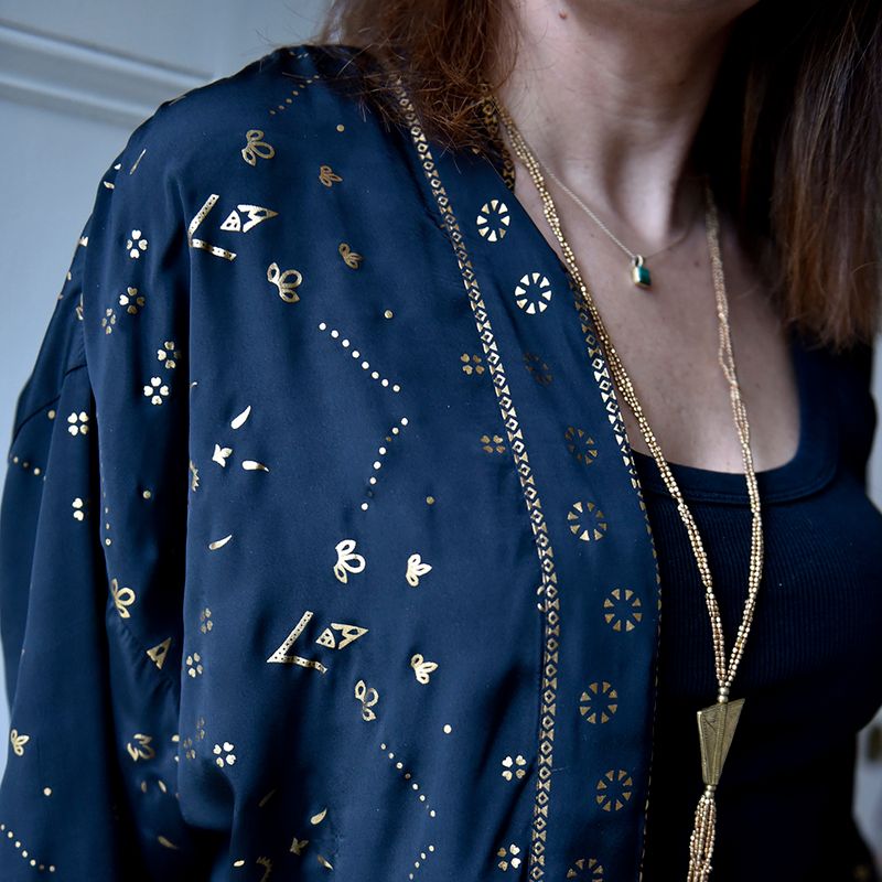 Black & Gold Small Geo Print Viscose Long Summer Jacket