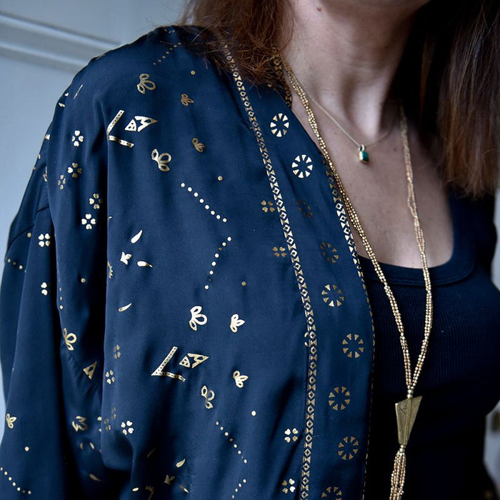 Black & Gold Small Geo Print Viscose Long Summer Jacket