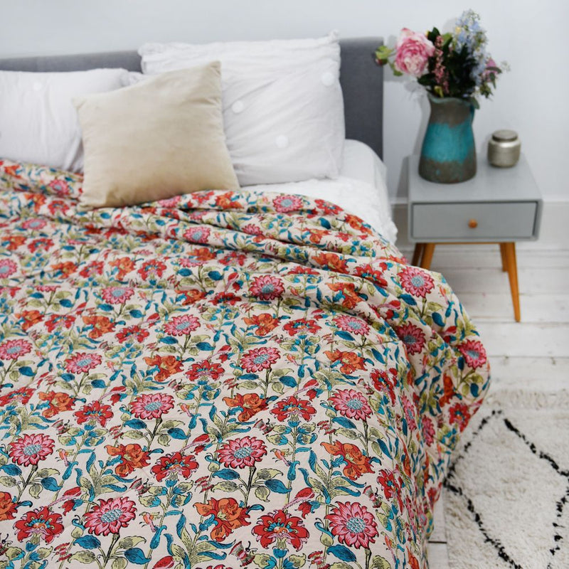 Floral Garden Print Cotton Indian Bed Quilt