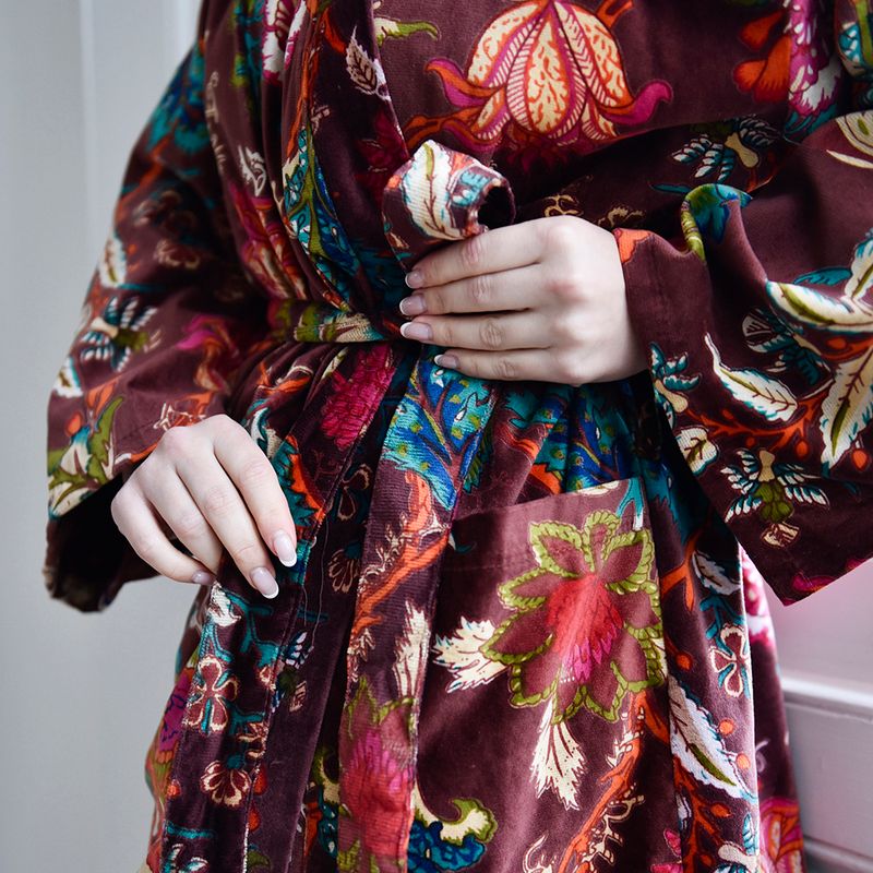 Velvet Burgundy Exotic Bouquet Dressing Gown
