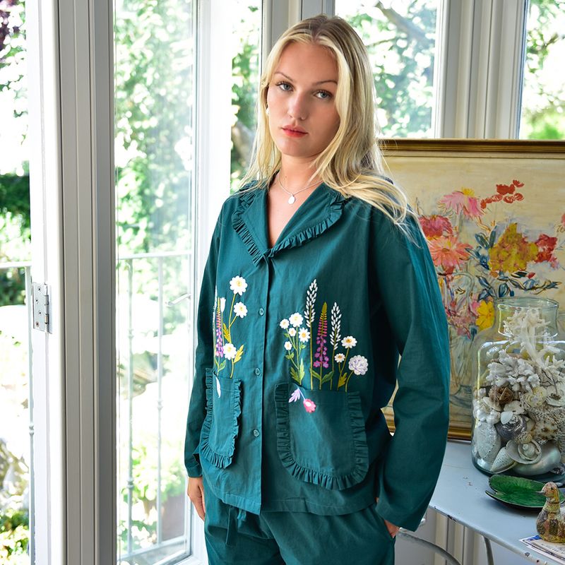 Forest Green Embroidered Floral Cotton Pyjamas