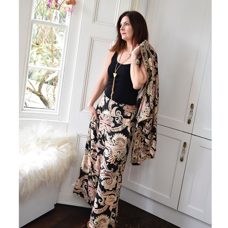 'Eira' Black, Rose & Gold Floral Baroque Viscose Palazzo Trousers