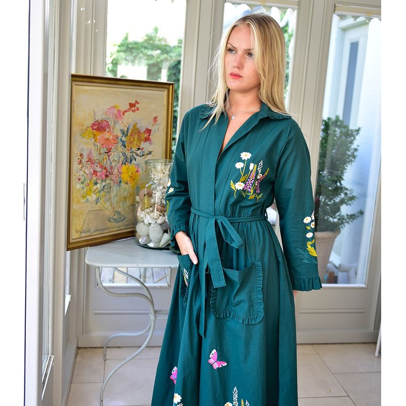 Forest Green Embroidered Floral Cotton Dressing Gown