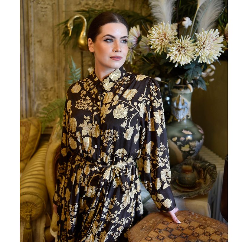 'Mika' Rich Brown & Gold Floral Print Long Tiered Dress