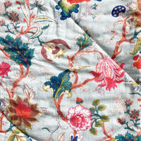 Blue Exotic Flower Print Cotton Indian Bed Quilt