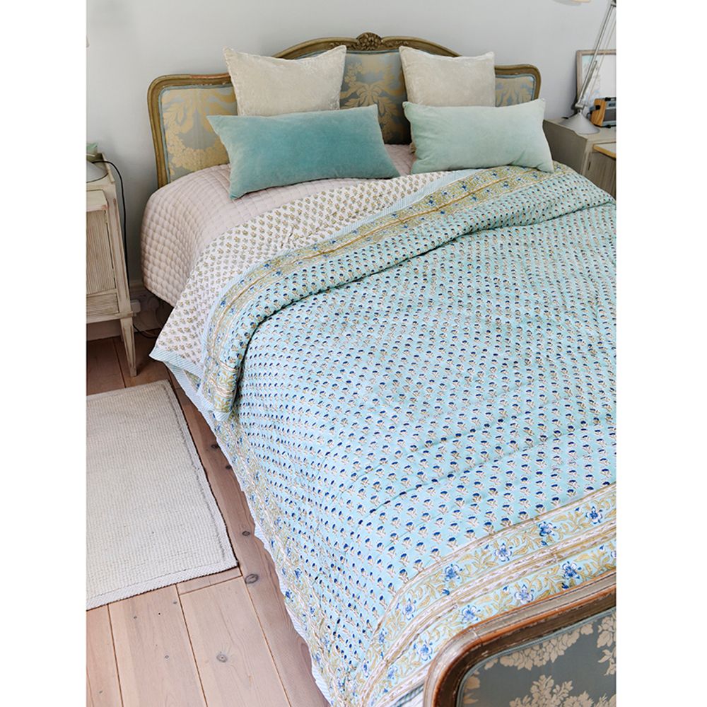 Turquoise Floral Indian Block Printed Cotton Bed Quilt