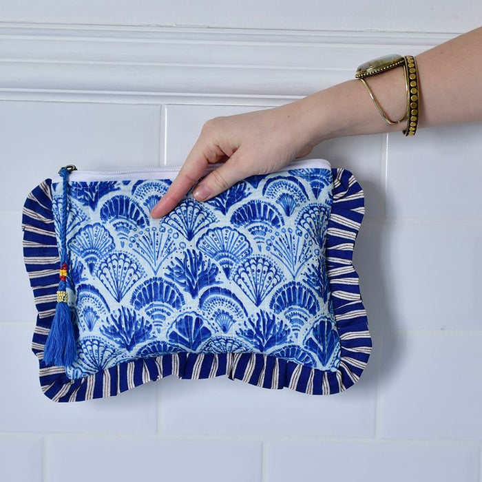Blue & White Sea Shell Quilted Ruffle Make Up Bag