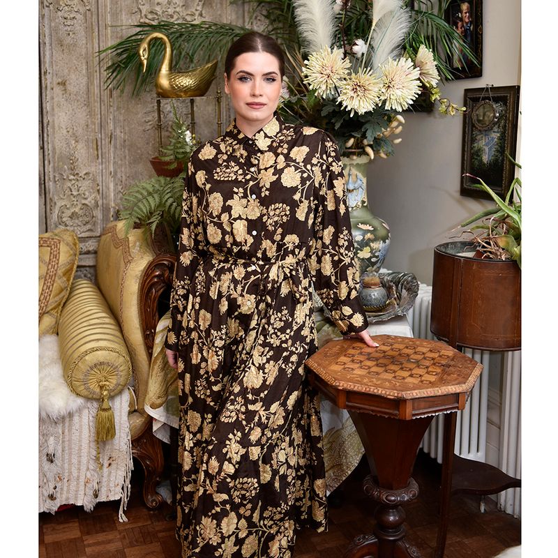 'Mika' Rich Brown & Gold Floral Print Long Tiered Dress