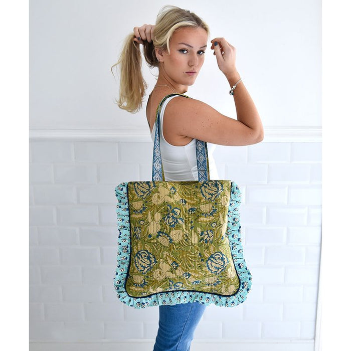 Block Printed Green & Aqua Blue Quilted Ruffle Tote Bag