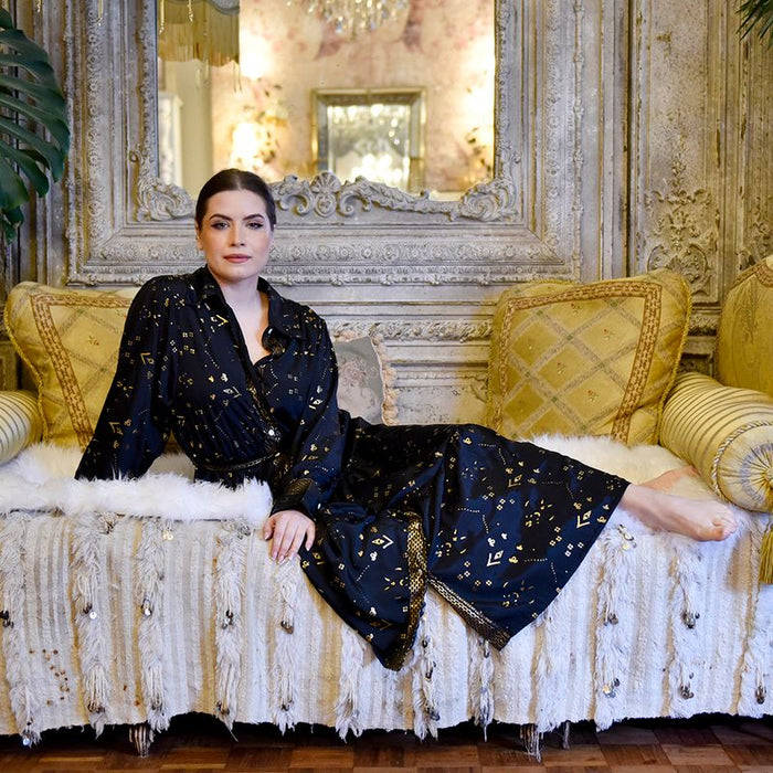 'Ember' Black & Gold Small Geo Print Long Tiered Dress