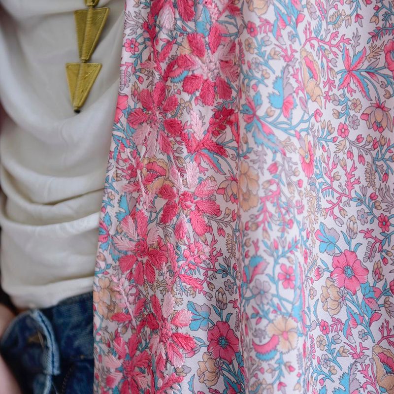 Pastel Floral Viscose Kaftan Jacket with Heavy Pink Ombre Fishbone Embroidery