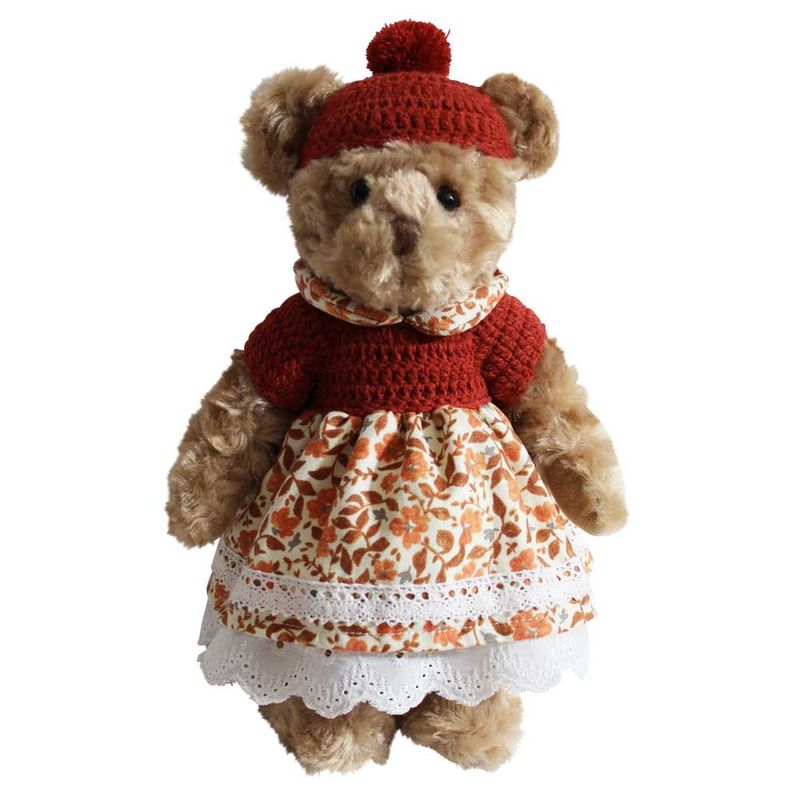 Teddy Bear In Autumnal Dress With Hand Crocheted Jumper And Hat