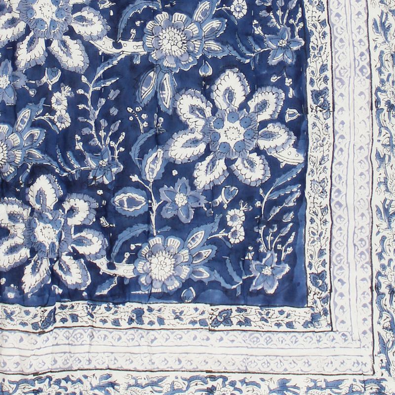 Indigo Blue & White Floral Indian Block Printed Cotton Bed Quilt
