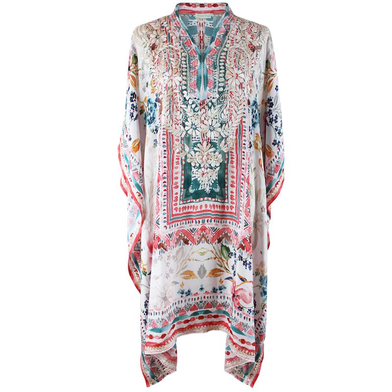 Watercolour Floral Viscose Kaftan with Heavy Cream Fishbone Embroidery
