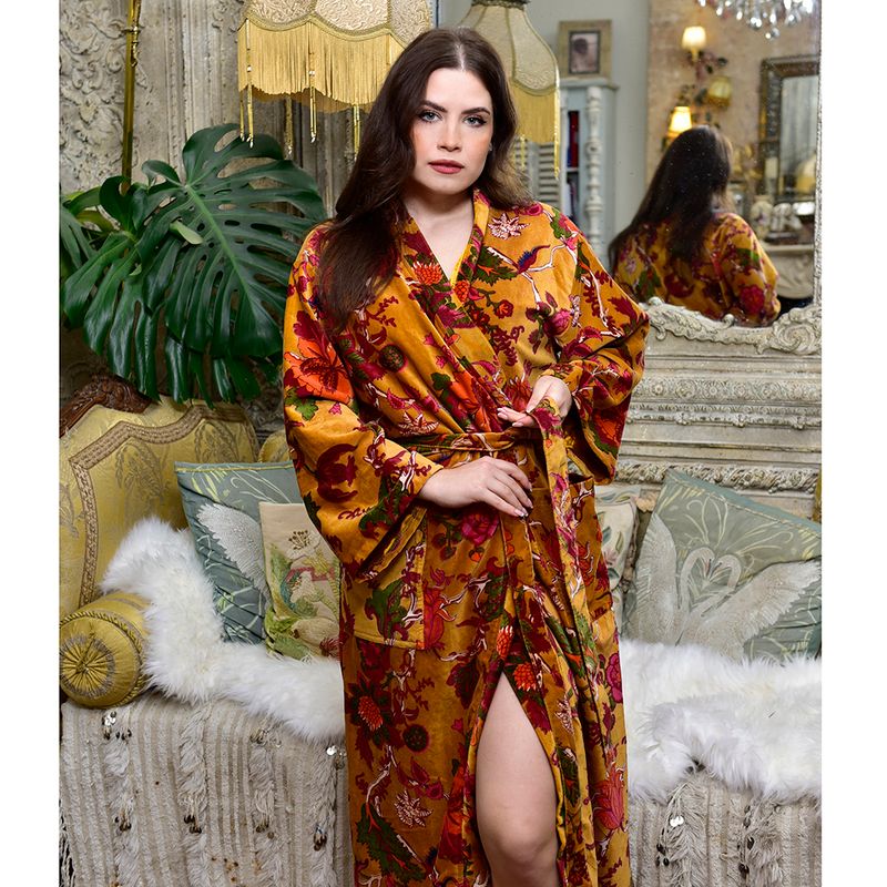Velvet Mustard Exotic Bouquet Dressing Gown