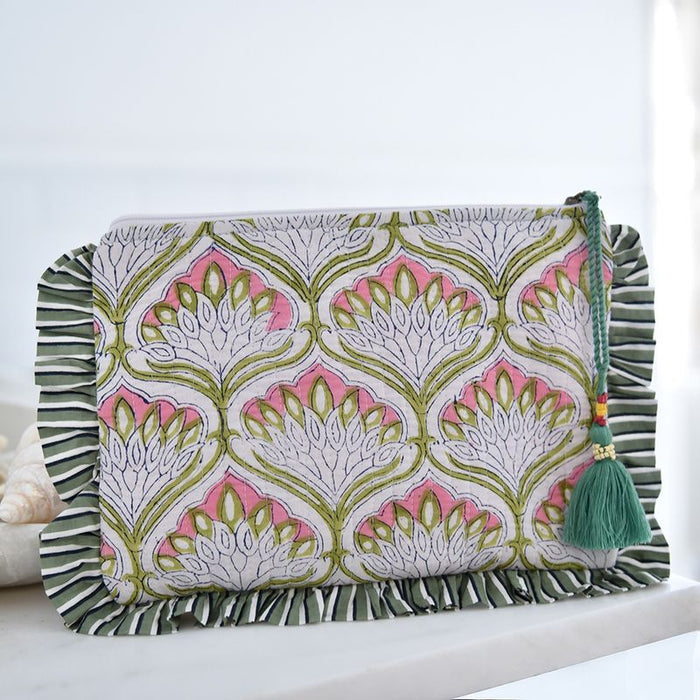 Block Printed Green & Pink Ogee Quilted Ruffle Make Up Bag