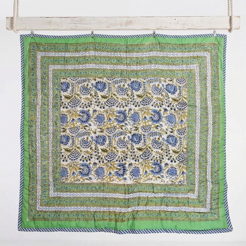 Green & Blue Floral Indian Block Printed Cotton Bed Quilt
