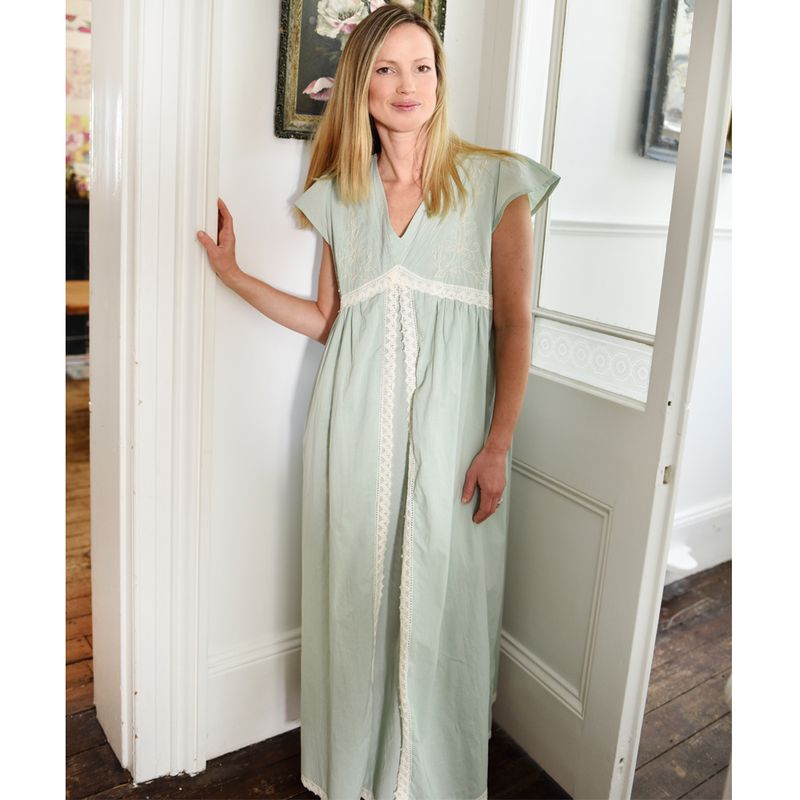 Ladies Green Cotton Lace Panel Nightdress 'Valerie'