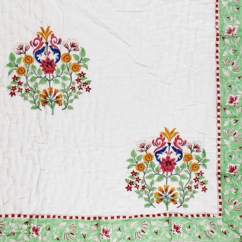 Colourful Floral Motif Indian Block Printed Cotton Bed Quilt