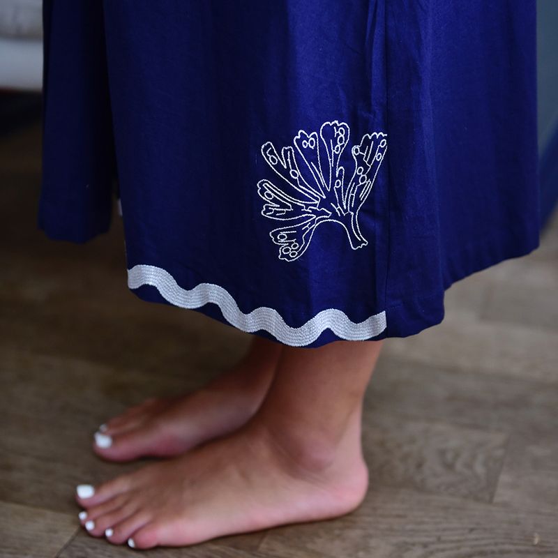 Navy Blue Embroidered Sea Shell Cotton Dressing Gown