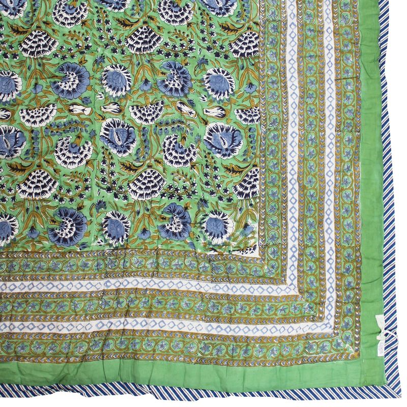 Green & Blue Floral Indian Block Printed Cotton Bed Quilt