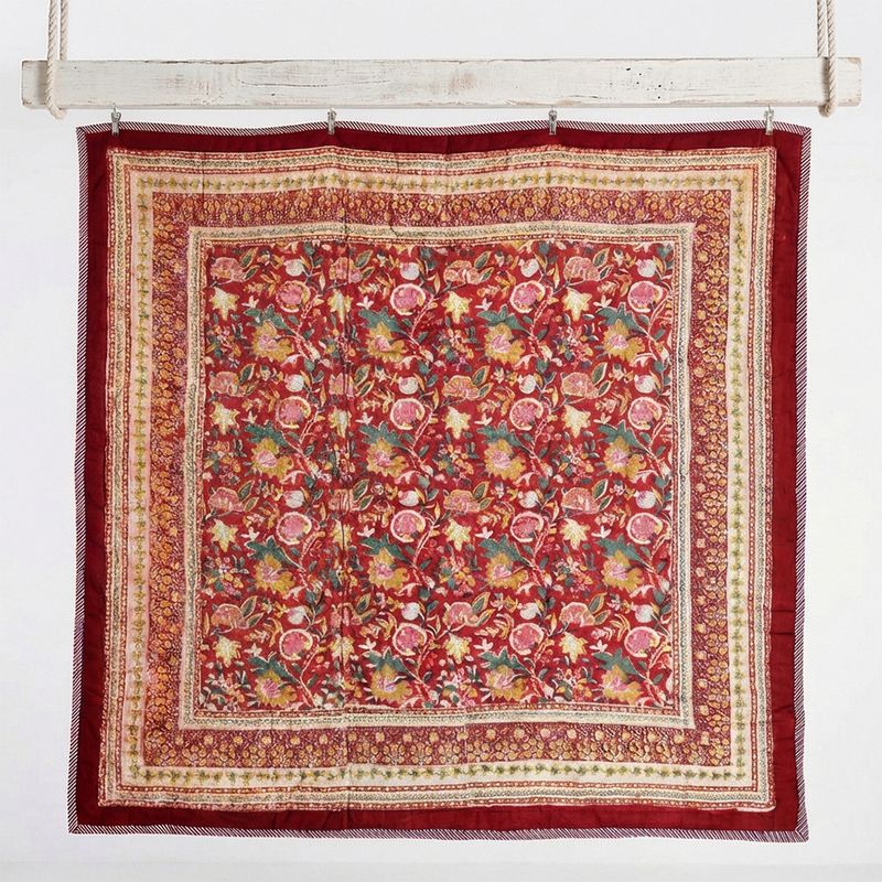 Deep Red, Green & Mustard Floral Indian Block Printed Cotton Bed Quilt