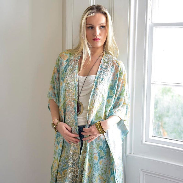 Spring Floral Viscose Kaftan Jacket with Heavy Cream Fishbone Embroidery