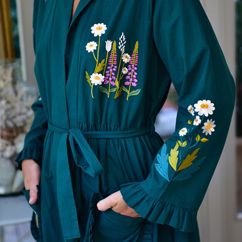 Forest Green Embroidered Floral Cotton Dressing Gown