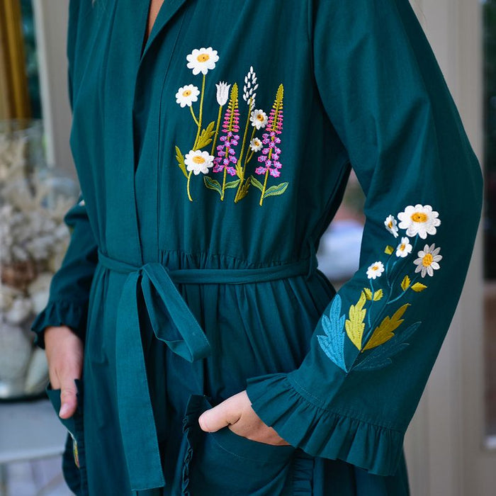 Forest Green Embroidered Floral Cotton Dressing Gown