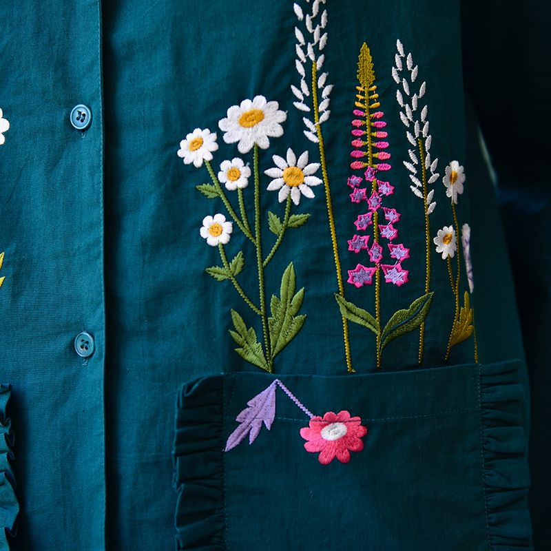 Forest Green Embroidered Floral Cotton Pyjamas