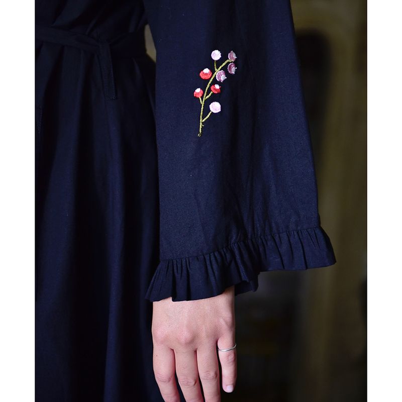 Midnight Black Embroidered Woodland Cotton Dressing Gown
