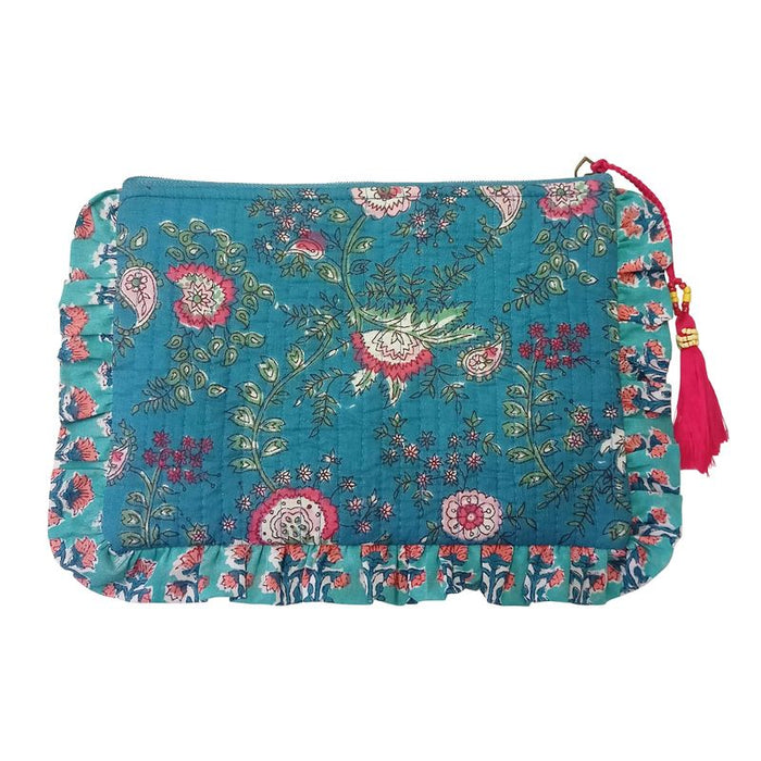 Block Printed Green Blue & Pink Floral Stripe Quilted Ruffle Make Up Bag