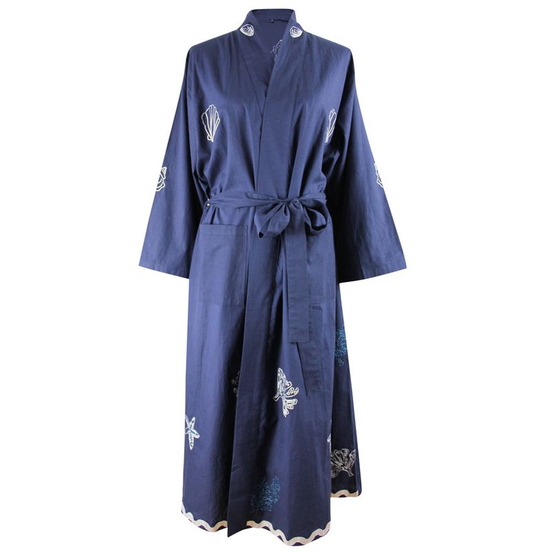 Navy Blue Embroidered Sea Shell Cotton Dressing Gown