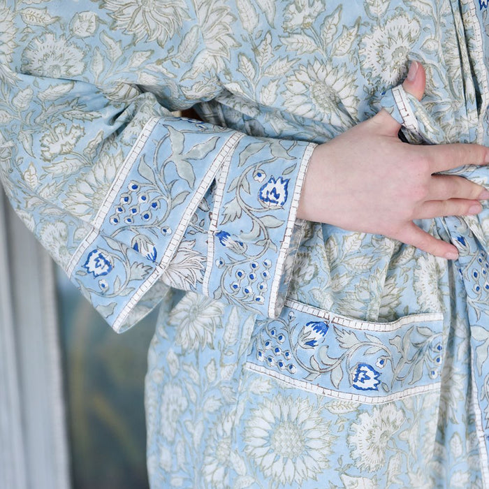 Block Printed Blue Cornflower Cotton Dressing Gown