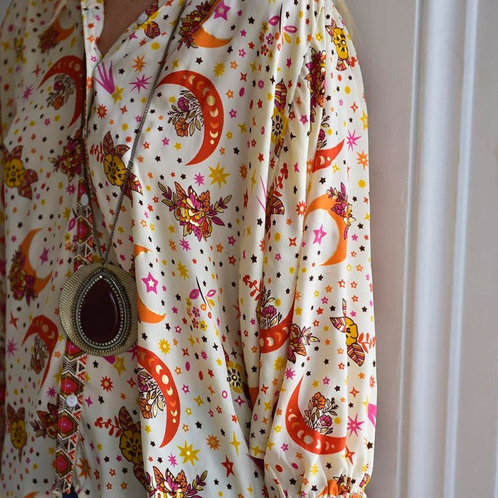 Celestial Moon & Stars Print Button Down Shirt