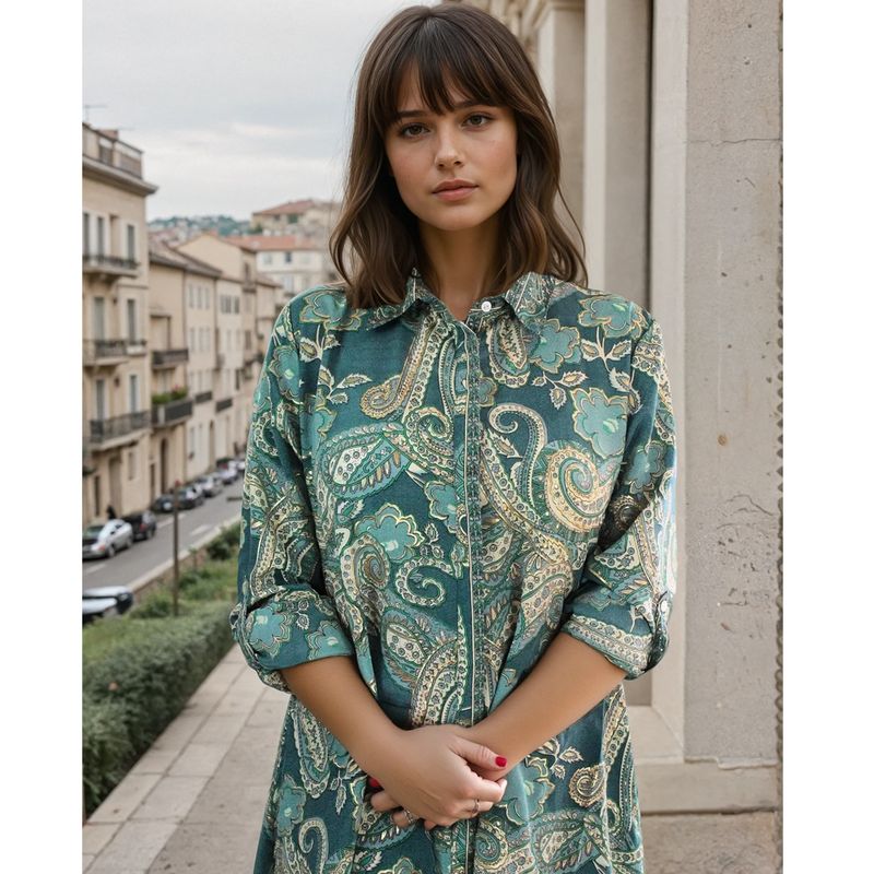 'Hope' Buttoned Sage & Pine Green Paisley Print Shirt Dress