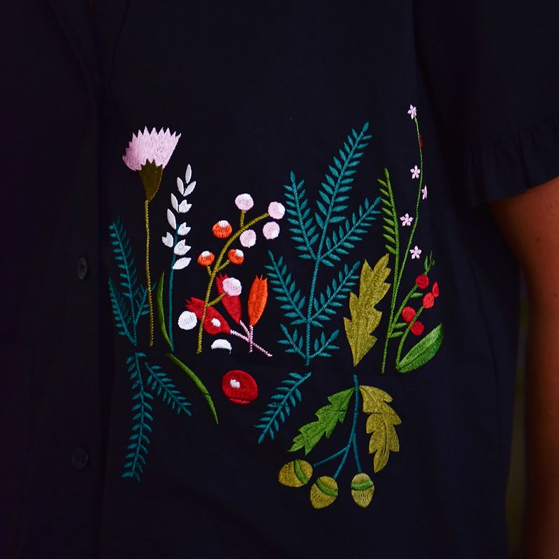 Midnight Black Embroidered Woodland Cotton Short Pyjama Set