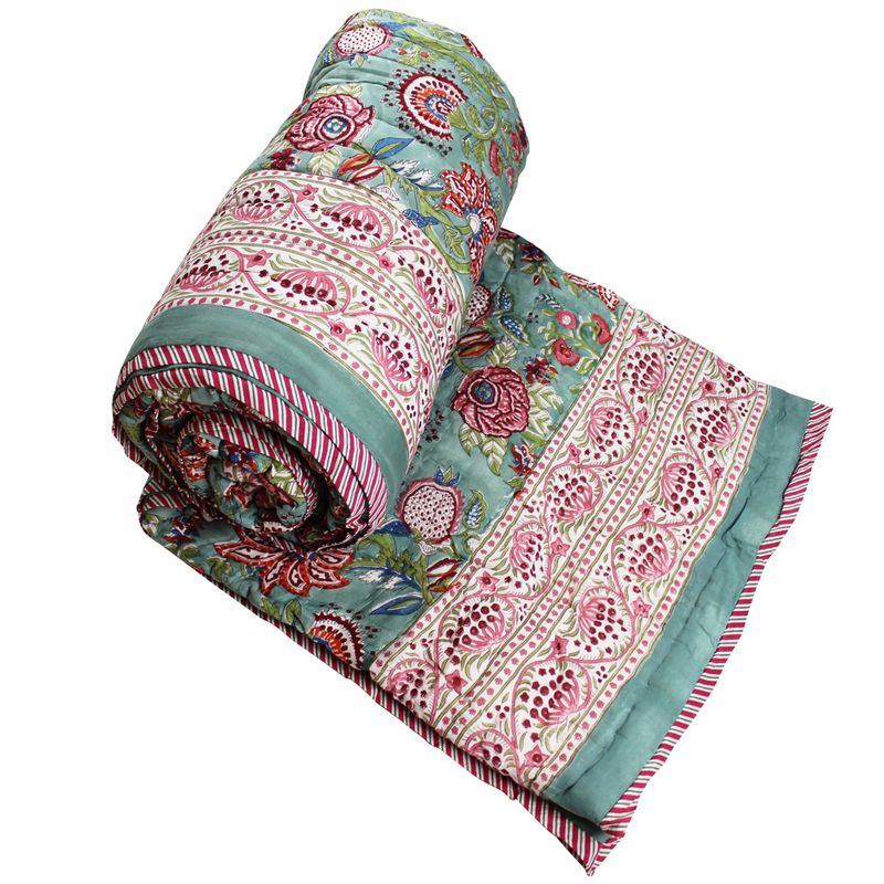 Turquoise, Pink & Burgundy Floral Indian Block Printed Cotton Bed Quilt