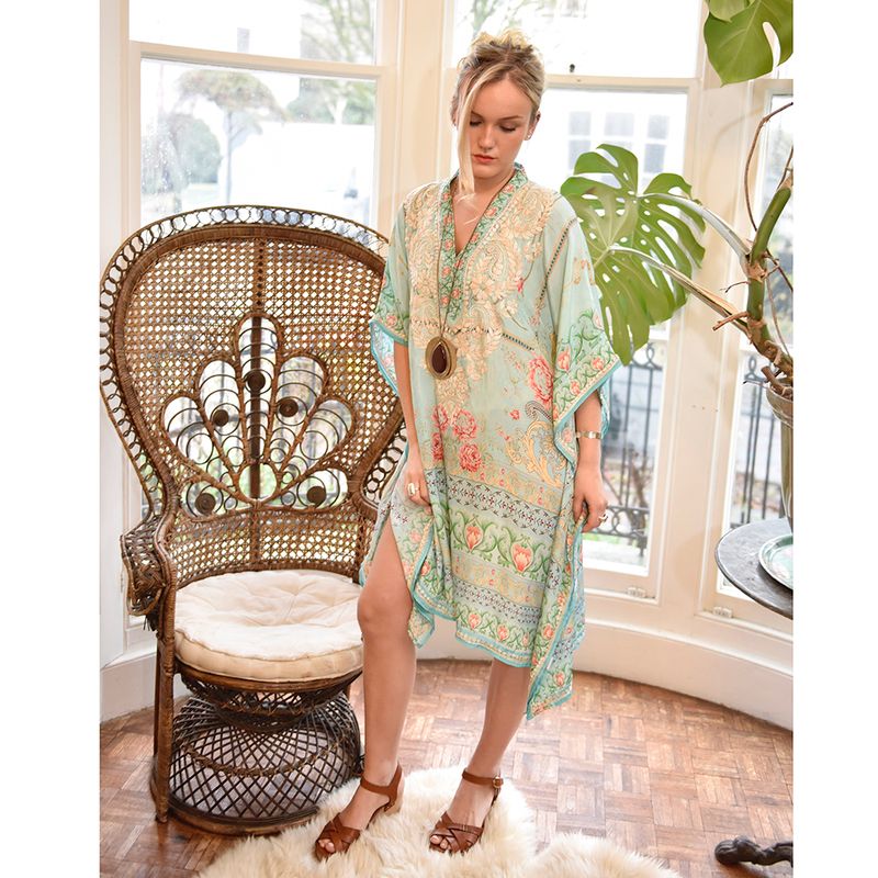Floral Rose Border Viscose Kaftan In Turquoise with Heavy Cream Fishbone Embroidery